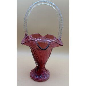 Fenton Cranberry Basket With Clear Twisted Handle Swirl Texture